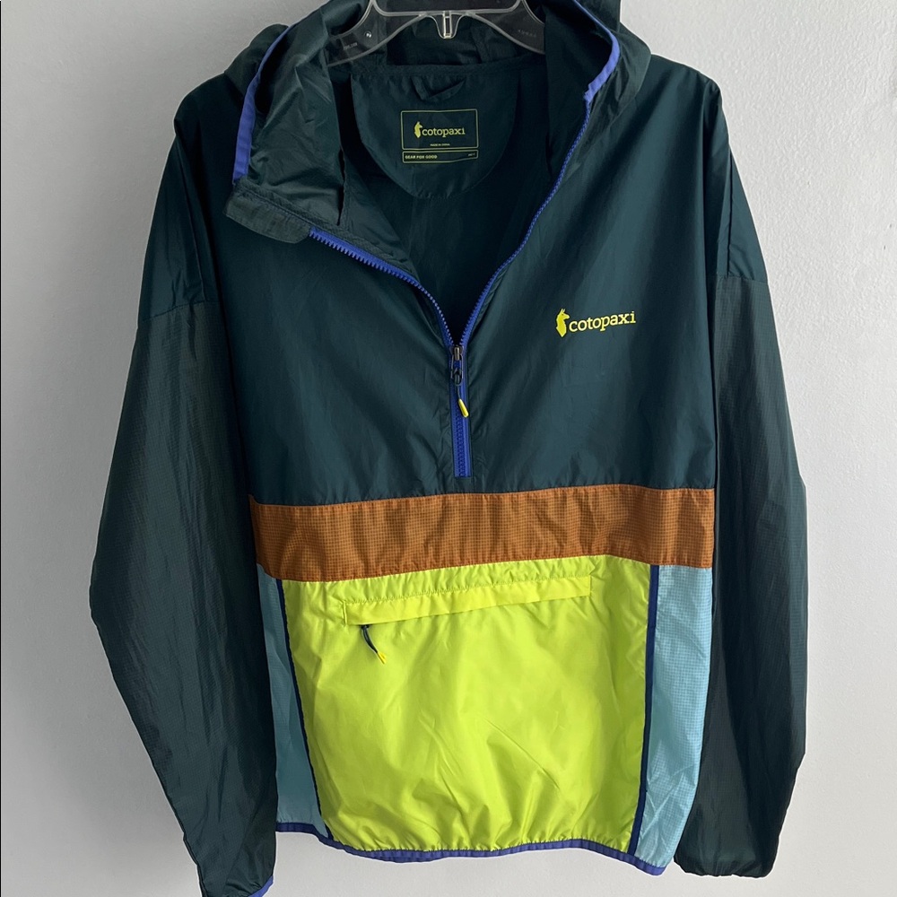 cotopaxi Teal, Lime, Brown & Light Blue Colorblock quarter zip Hooded Pullover